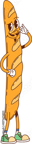 Groovy baguette bread character. Bakeshop traditional snack funny cartoon vector mascot or bakehouse crusty bread isolated comical personage. Bakery french baguette cute groovy character