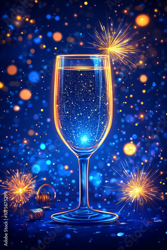 nouvel an, fête de fin d'année, champagne, verre, trinquer, festif, cadeau, famille, amis, résolutions, vœux, changements, illustration, coloré photo