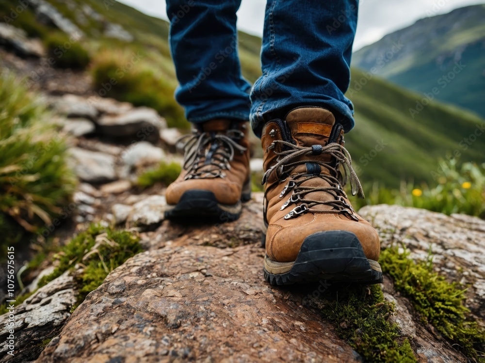 Macro shot of hiking boots stepping onto a moss-covered rock in the forest Macro shot of hiking boots stepping onto a moss-covered rock in the forest