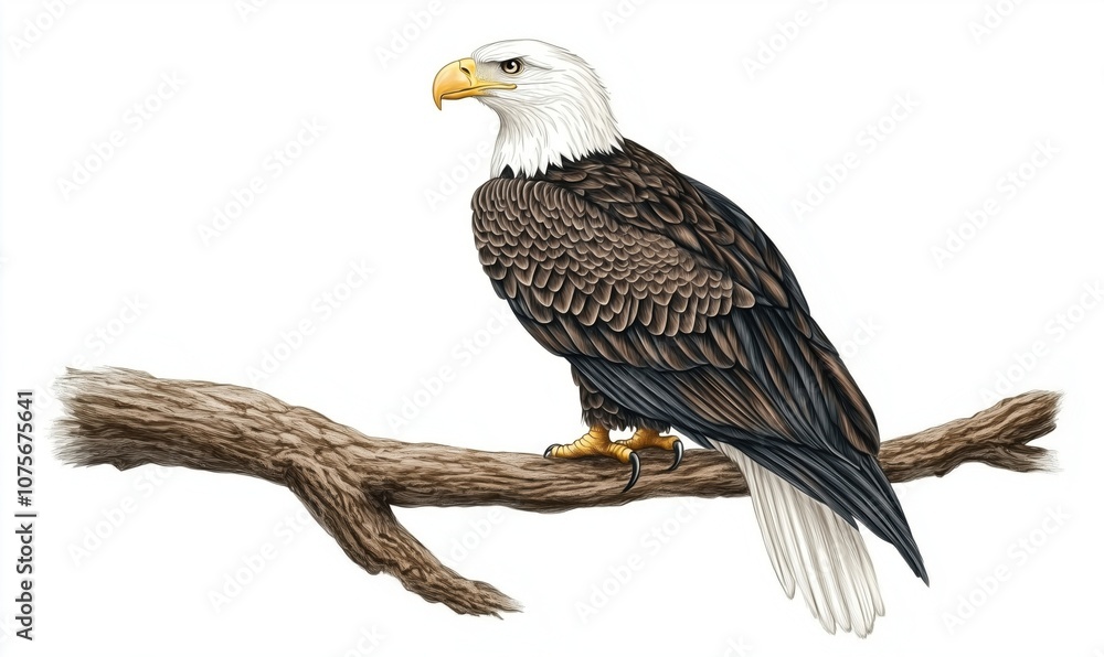 Naklejka premium Bald eagle perched on branch, detailed illustration, majestic bird