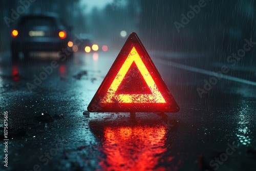 A brightly glowing emergency triangle sits on a wet road at night, effectively warning drivers about a potential hazard under rainy conditions, while reflecting light vividly off the dark asphalt