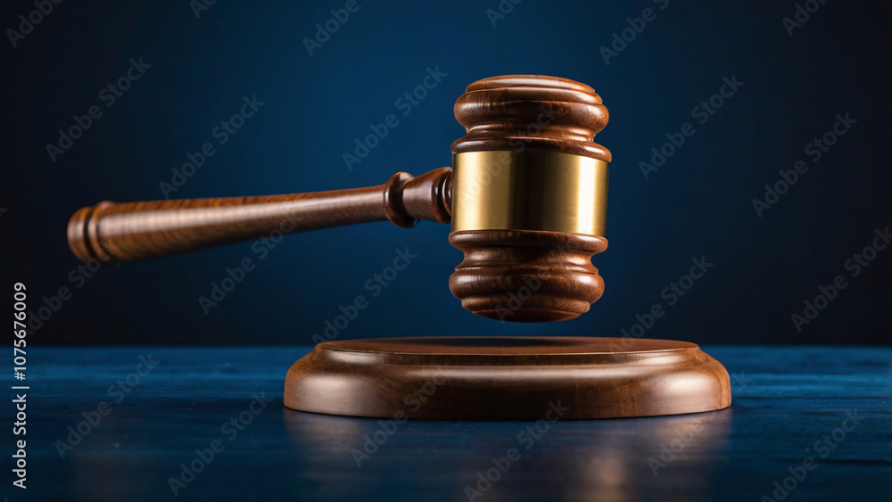 Wooden Judge's Gavel on Blue Background. Close-up of a wooden judge's gavel with a gold band resting on its base, symbolizing law, justice, and authority.
Wooden Judge's Gavel on Blue Background. Close-up of a wooden judge's gavel with a gold band resting on its base, symbolizing law, justice, and authority.