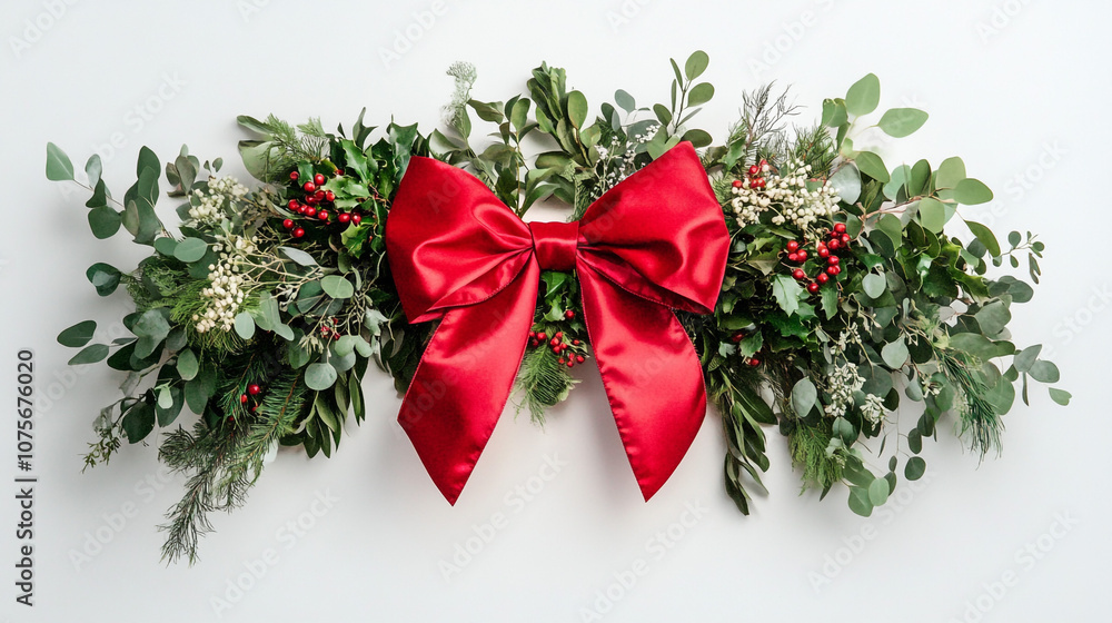 Festive Christmas Garland with Red Bow and Greenery Festive Christmas Garland with Red Bow and Greenery