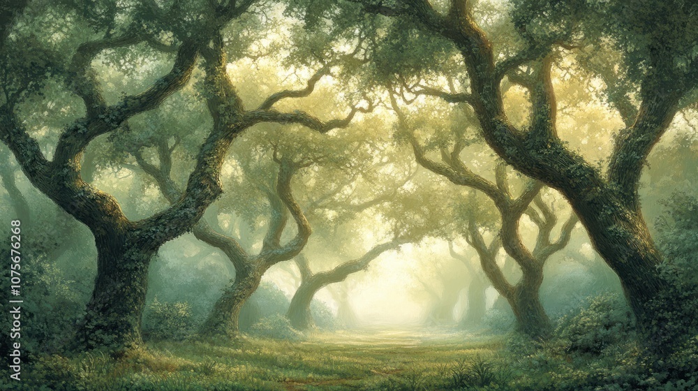 Fototapeta premium A serene forest scene with trees showcasing elegant, sprawling branches against a soft, misty background.