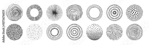 Set of round doodle hand drawn patterns and textures. Abstract organic shapes, different textured circles. Trendy vector graphic elements for cover, poster, banner, label, fabric, wallpaper, wrapping.