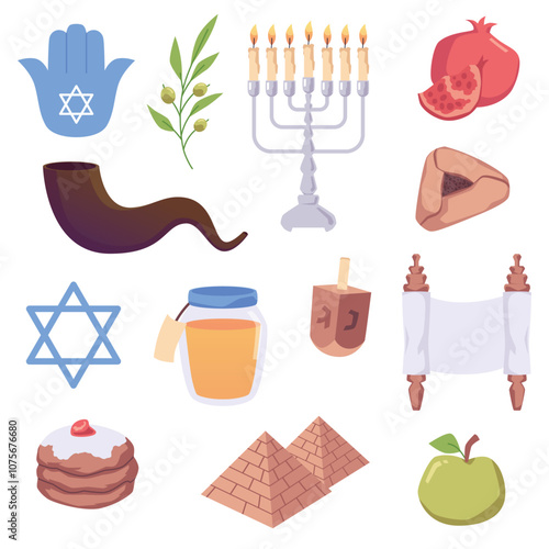 Jewish holiday traditional symbols set, Honey, Hamantaschen, Pesach, scroll, David star horn, Menorah candles Dreidels