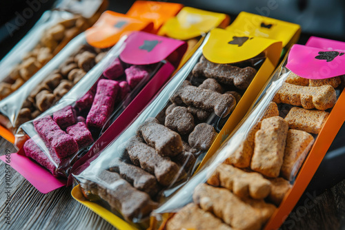 Assorted colorful dog treats neatly arranged in bright packaging on a wooden surface photo