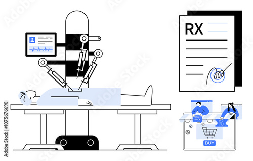 Robotic arms operating on patient in surgical table, prescription document, and online medicine shopping cart. Ideal for healthcare innovation, robotic surgery, telemedicine, eHealth, prescriptions