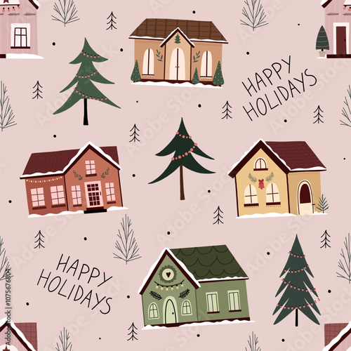 Christmas seamless pattern with doodle style houses. Cute vector illustration with lettering and houses, winter pattern hand drawn