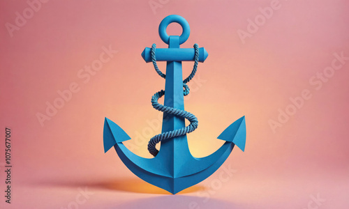 A blue anchor with a rope wrapped around it sits against a light pink background photo