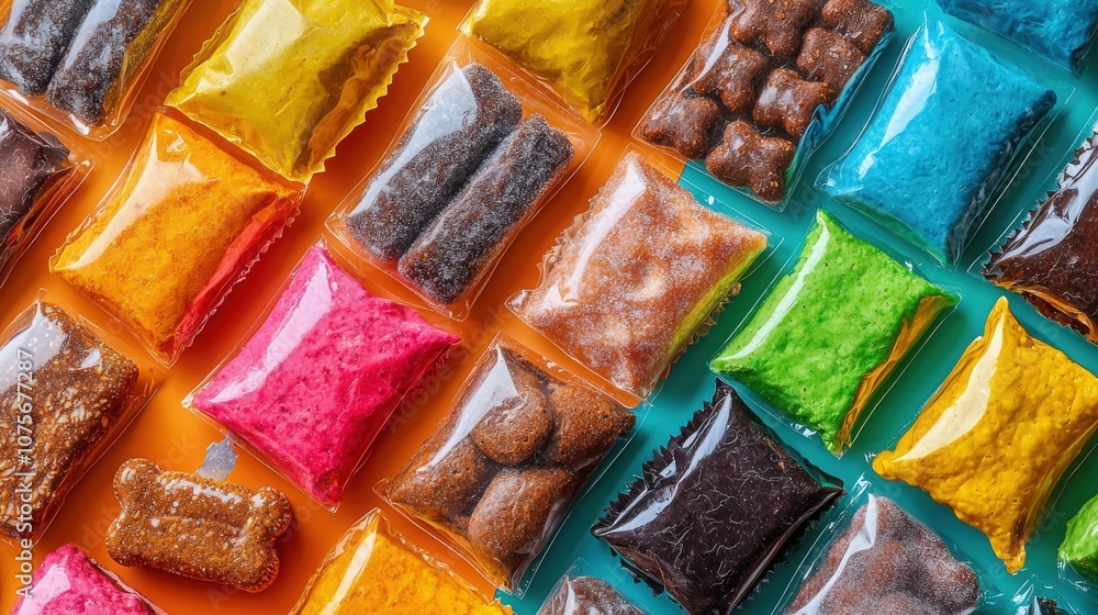 Brightly colored candy packs arranged on a vibrant background at a candy store Brightly colored candy packs arranged on a vibrant background at a candy store