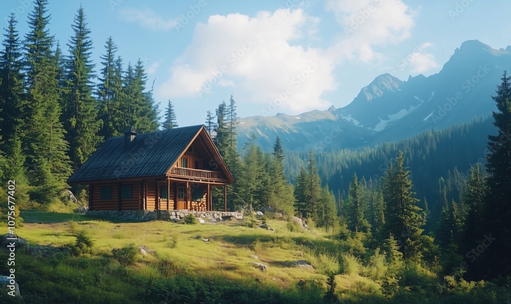 Scenic mountain cabin surrounded by lush forest and majestic peaks Scenic mountain cabin surrounded by lush forest and majestic peaks