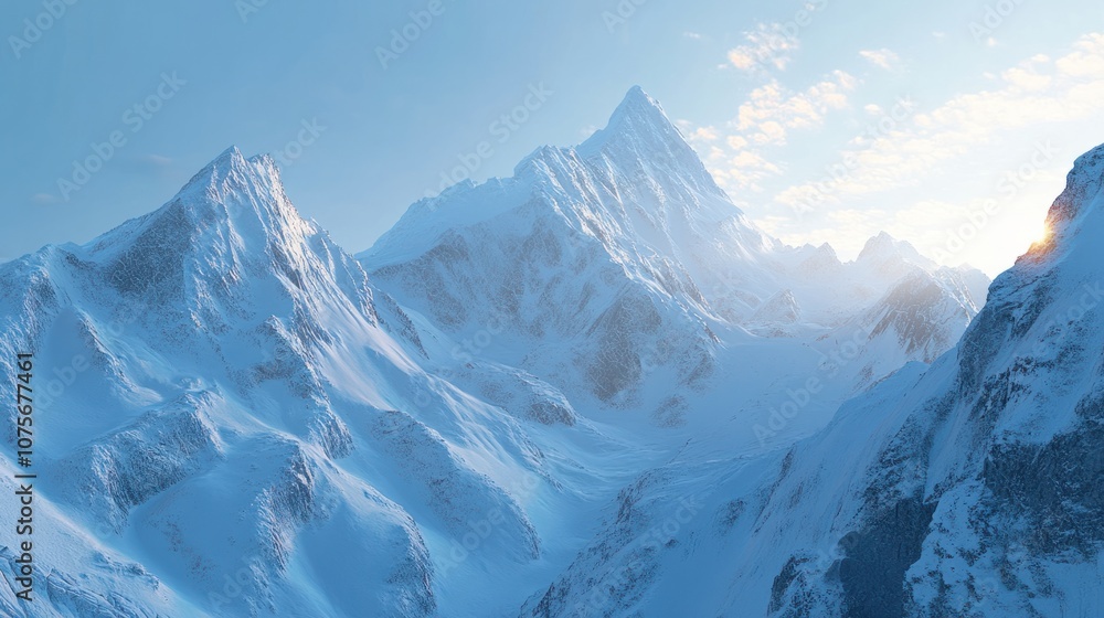 Majestic snow-covered mountain peaks in the Swiss Alps, bathed in soft sunlight with a clear blue sky overhead. Majestic snow-covered mountain peaks in the Swiss Alps, bathed in soft sunlight with a clear blue sky overhead.