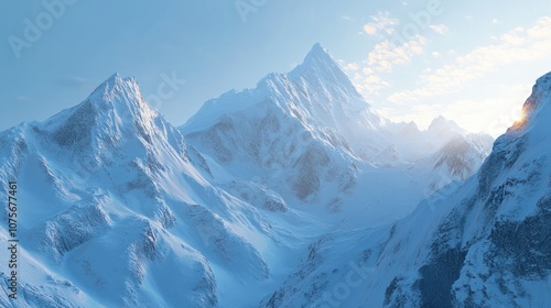 Majestic snow-covered mountain peaks in the Swiss Alps, bathed in soft sunlight with a clear blue sky overhead.