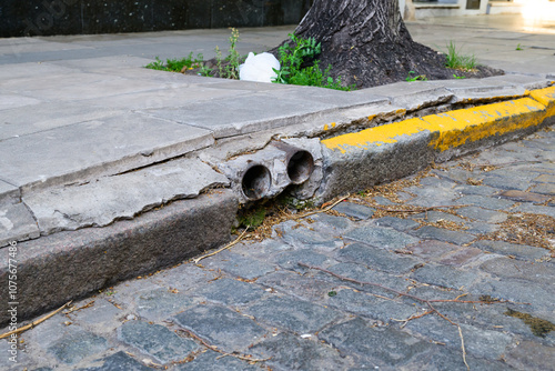 A cracked sidewalk featuring a yellow curb with a tree positioned in the background providing a natural contrast to the urban setting