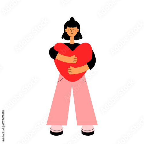 Girl hugging red heart. Woman in hugs with valentine. Self love concept. Flat vector illustration isolated on white background
