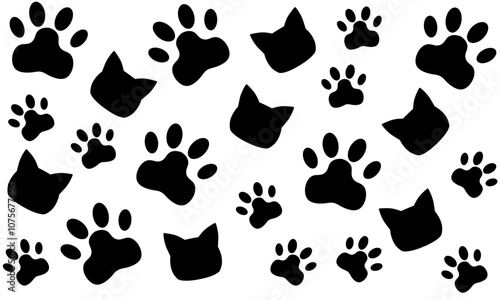 猫の足跡とシルエットのパターン背景イラスト