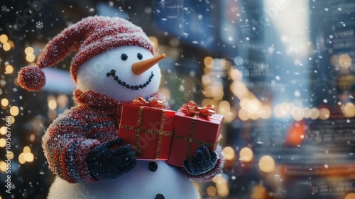 A snowman is holding red festive gift box in one corner in the snowflacks.  photo