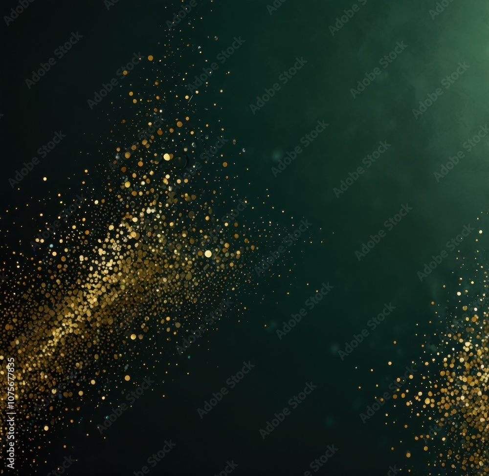 Obraz premium Box with gift and festive bow on emerald green background with sequins. Concept of festive banner for Christmas, New Year