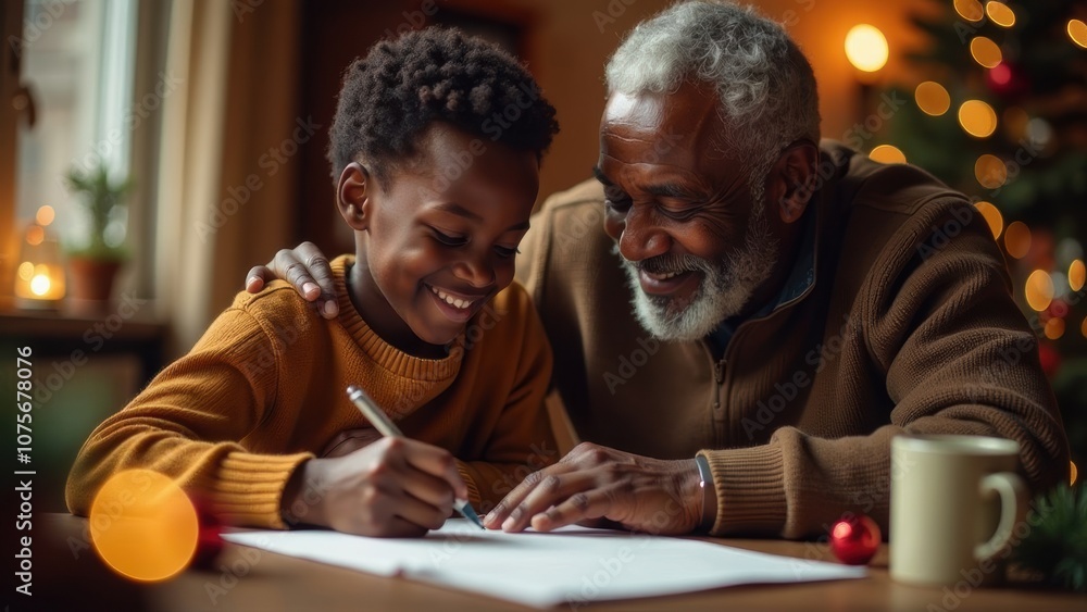 Naklejka premium Grandfather and grandson sharing a joyful moment together, writing on paper at a cozy holiday-decorated table. Warm lighting and Christmas tree in the background enhance the festive, family atmosphere