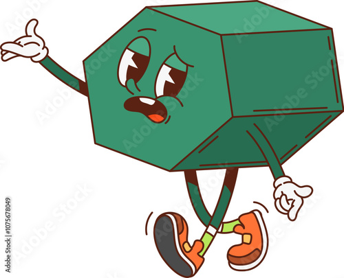 Groovy math hexagon geometric figure character. Elementary school basic figure childish vintage character, kids education math shape cute cartoon vector personage. Hexagon sad groovy isolated mascot