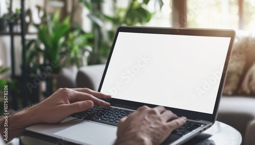 Man Using Laptop Computer with White Screen Mockup