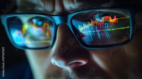 Wallpaper Mural Stock Market Trader Working Investment Charts, Graphs Reflecting in Glasses.  Torontodigital.ca
