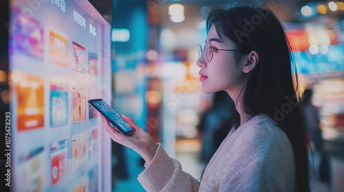 Young Woman Using Smartphone Near Digital Signage in Shopping Mall