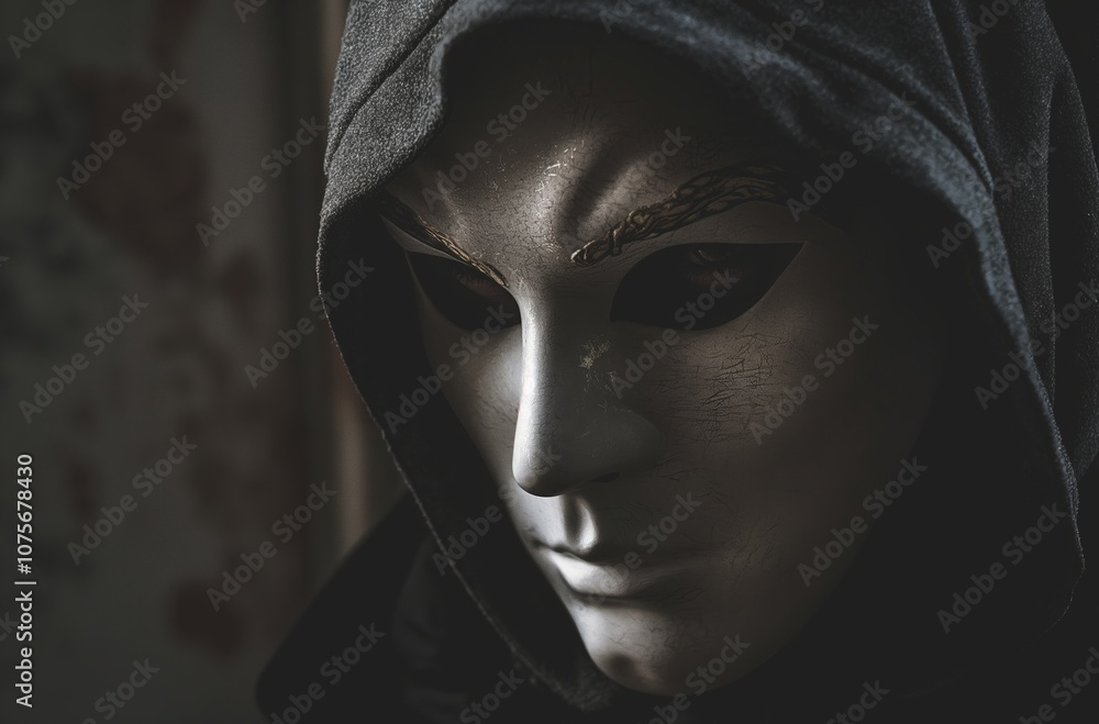Hooded figure wearing white mask in dark room Hooded figure wearing white mask in dark room
