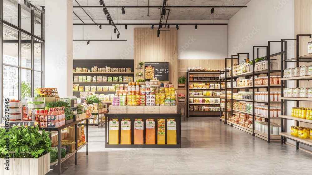 Interior of a supermarket with shelves stacked high with goods. Interior of a supermarket with shelves stacked high with goods.
