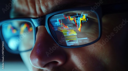 Wallpaper Mural Stock Market Trader Working Investment Charts, Graphs Reflecting in Glasses.  Torontodigital.ca