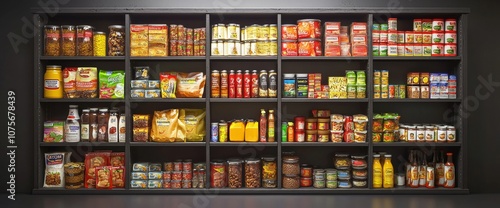 Grocery products on a black background with reflections.