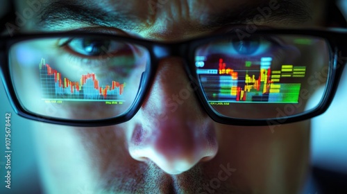 Wallpaper Mural Stock Market Trader Working Investment Charts, Graphs Reflecting in Glasses.  Torontodigital.ca