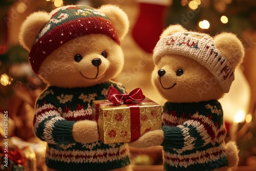 Wallpaper Mural two teddy bears in christmas sweaters and hats are cozy christmas decorations in the background. Torontodigital.ca