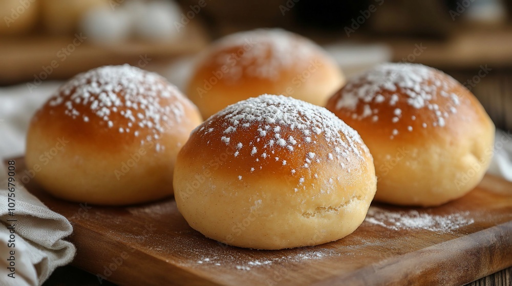 Four golden brown buns dusted with powdered sugar on a wooden cutting board. Four golden brown buns dusted with powdered sugar on a wooden cutting board.