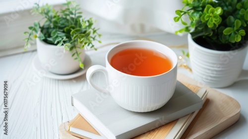 Cozy morning tea with potted plants on a wooden table for relaxation and comfort