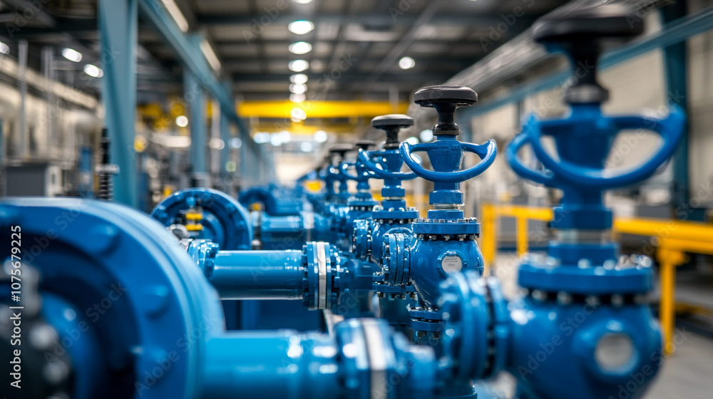 Industrial Pipeline System with Blue Valves and Pipes Industrial Pipeline System with Blue Valves and Pipes