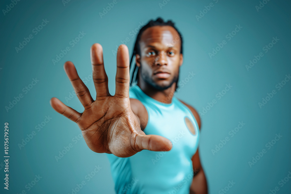 African man in sports attire raises his hand in a powerful gesture against racial discrimination and inequality. He stands with determination, advocating for social justice. Blue background. Awareness African man in sports attire raises his hand in a powerful gesture against racial discrimination and inequality. He stands with determination, advocating for social justice. Blue background. Awareness