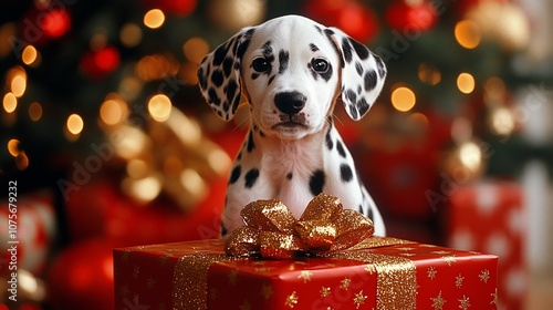 A Dalmatian puppy sits on a red gift box with a gold bow, looking curiously at the camera. Behind the puppy is a Christmas tree with red and gold ornaments.