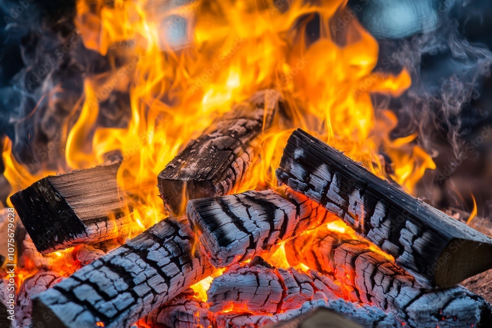 Burning wood logs in front of a fire with colorful fire as backdrop. Close-up view. Burning wood logs in front of a fire with colorful fire as backdrop. Close-up view.