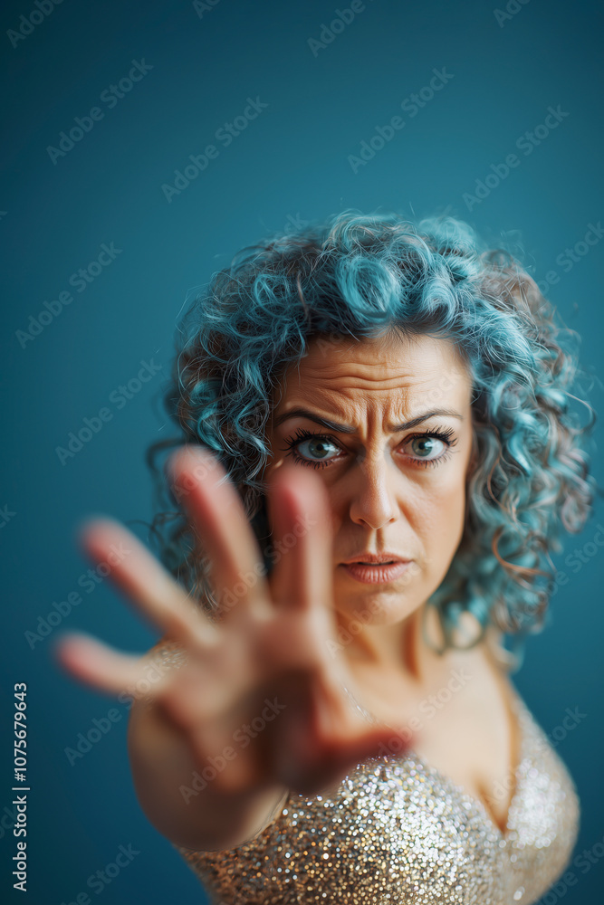Woman with curly blue hair reaches forward, expressing a powerful stance against age discrimination in society. She wears a sparkling top, conveying strength and resilience. Blue background. Awareness Woman with curly blue hair reaches forward, expressing a powerful stance against age discrimination in society. She wears a sparkling top, conveying strength and resilience. Blue background. Awareness