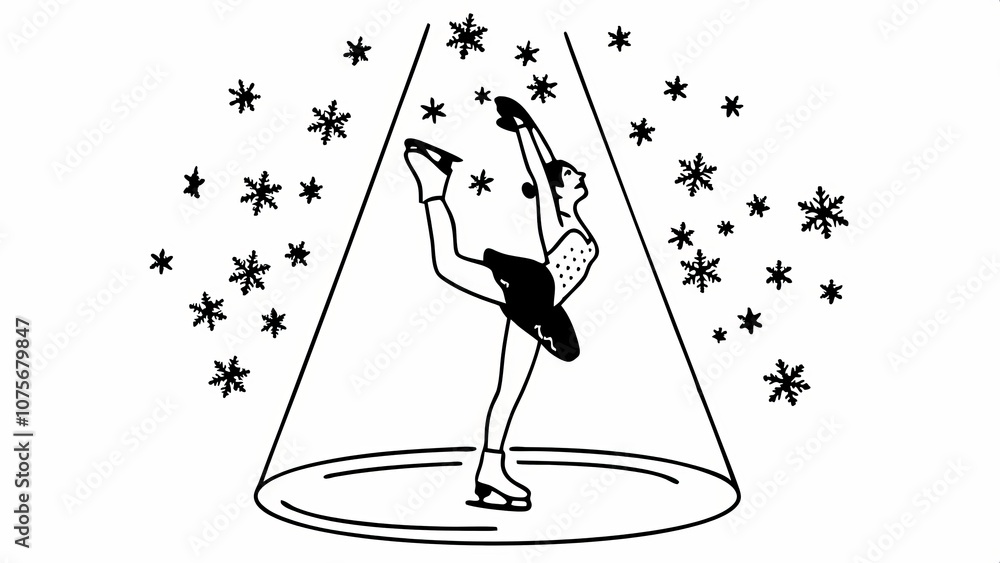 Naklejka premium Graceful ice skating silhouette with falling snowflakes in spotlight