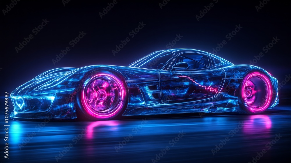A fast moving sports car, very exaggerated motion, neon effects, lightning on the wheels, dark blue background A fast moving sports car, very exaggerated motion, neon effects, lightning on the wheels, dark blue background