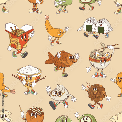Seamless pattern of retro groovy Japanese, Korean and Chinese cuisine characters. Asian dishes exude joyful and fun vibes. Vector tile background for apparel, textile, wallpaper or wrapping wallpaper