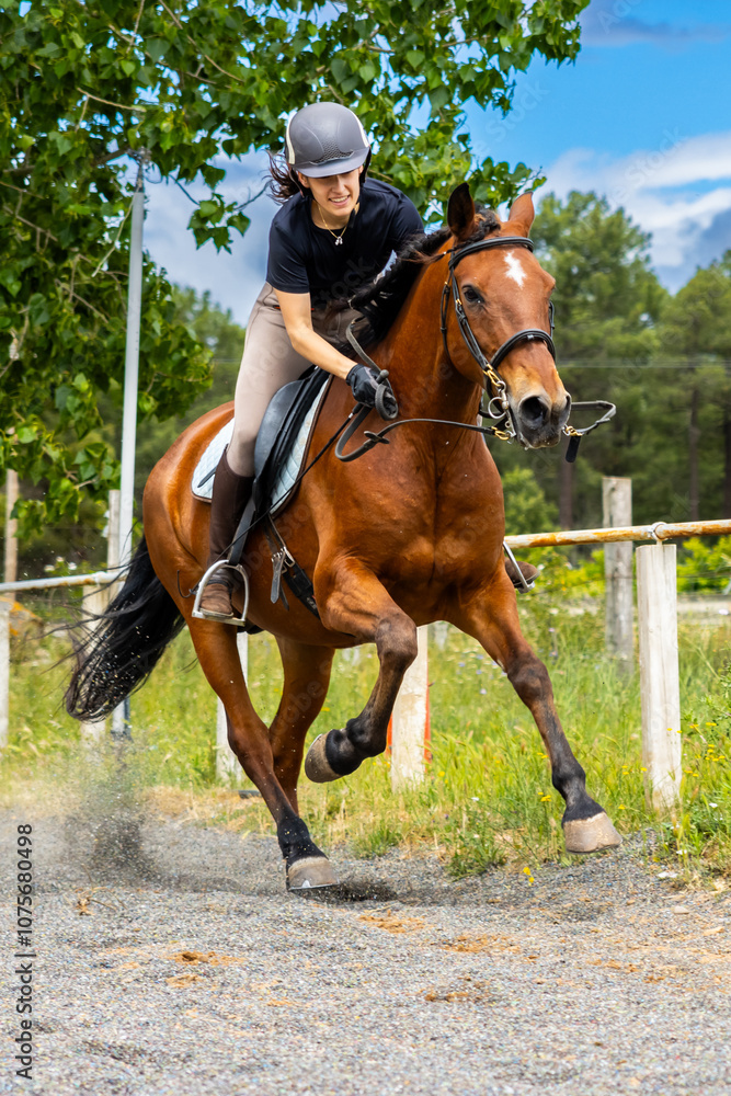 Woman riding brown horse at full gallop in training arena Woman riding brown horse at full gallop in training arena