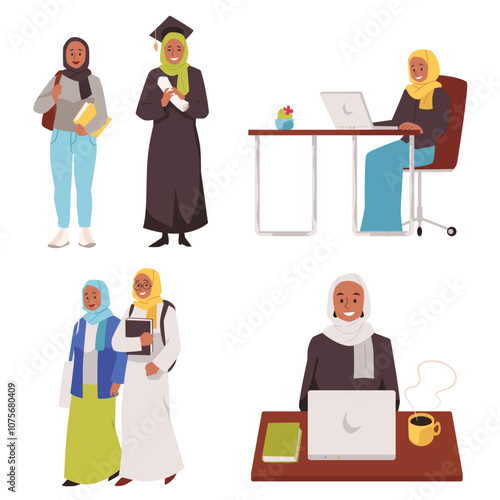 Muslim young women student or office employee wearing hijab, Arabic girl college or university education vector flat set