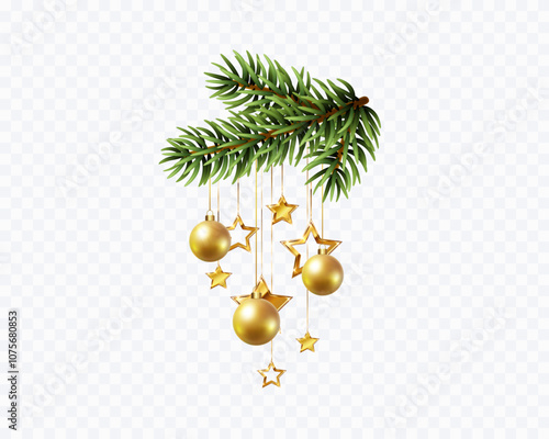 Christmas tree balls, stars and green fir branch isolated on transparent background. Vector pine evergreen plant element with gold xmas ornaments photo