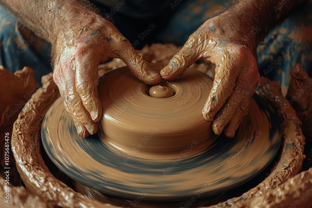 Skilled artisan shaping clay on pottery wheel in a workshop during daylight hours Skilled artisan shaping clay on pottery wheel in a workshop during daylight hours