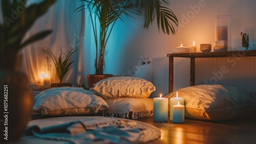 Cozy candlelit living room ambiance with cushions and houseplants for relaxation and meditation photo