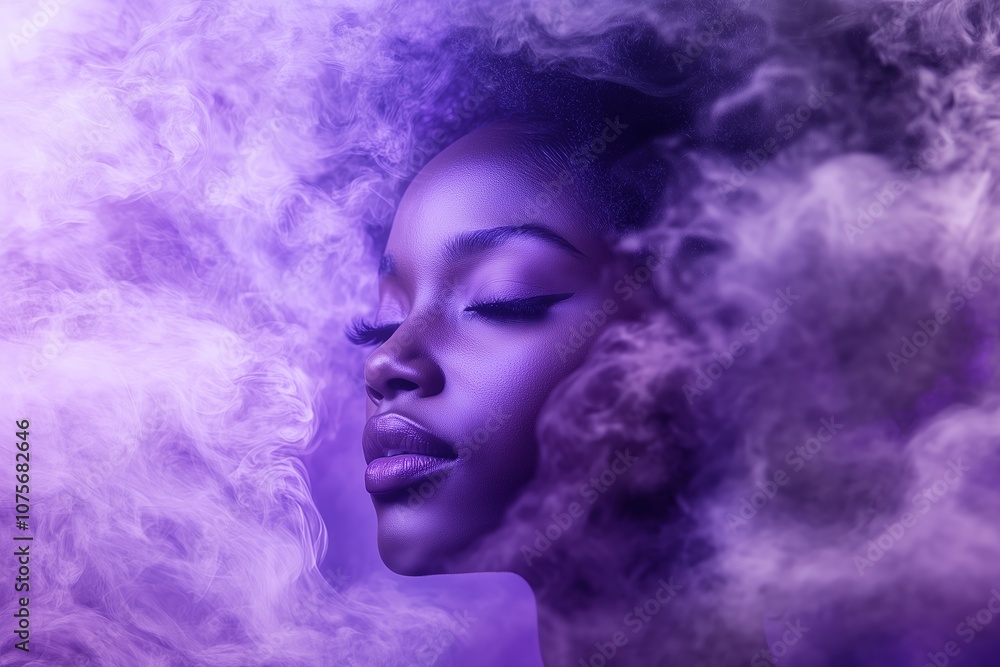 Model posing with closed eyes and purple smoke around her face Model posing with closed eyes and purple smoke around her face